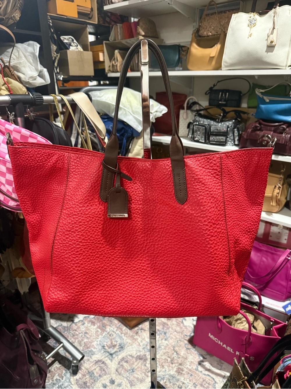 COLE HAAN Red Pebbled Leather Tote Bag with Brown Handles NEW CONDITION
